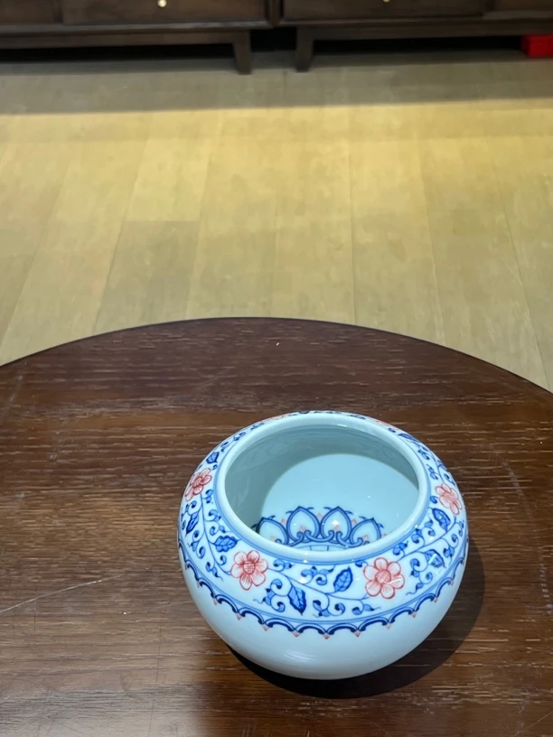 H超实用手绘红宝相建水 口径约10.5 高度约11.5