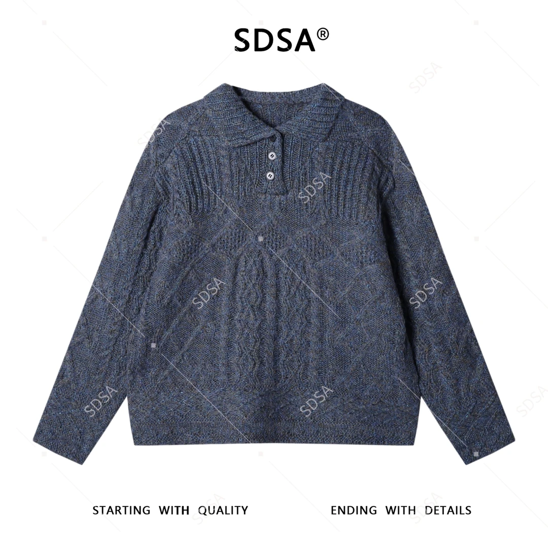 SDSA男士秋冬新款痞帅男装复古纽花polo领针织衫慵懒风百搭毛衣