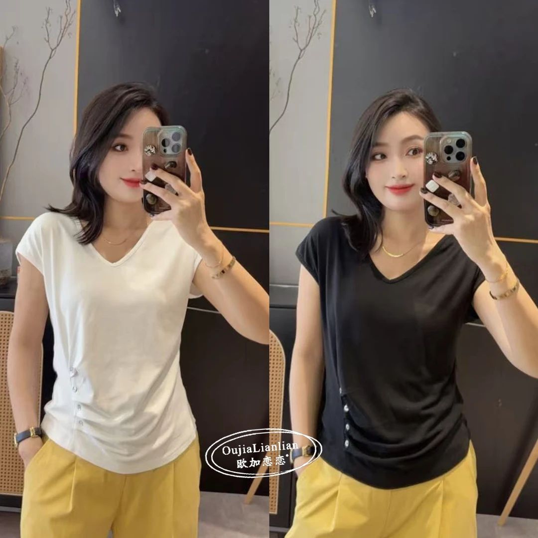【欧加恋恋】夏季时尚百搭韩版显瘦V领贝壳扣无袖上衣T恤L25050816