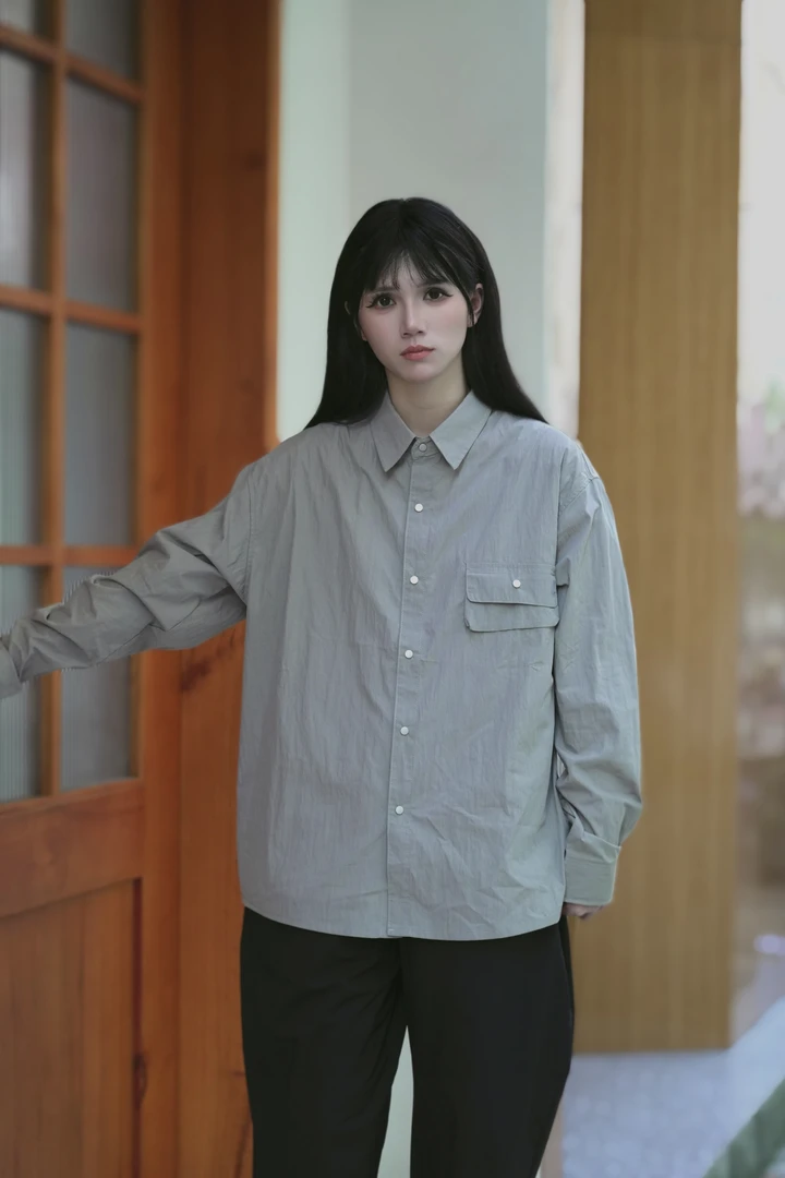 男士秋季薄款长袖纹理衬衫上班族宽松潮流港风百搭衬衣微皱调性