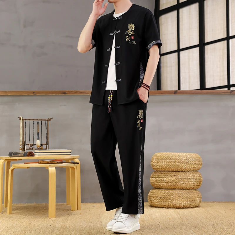 男士中国风短袖套装夏季新款国潮复古中式T恤开衫唐装休闲两件套