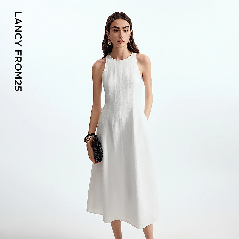 【漾25系列】朗姿无袖白色圆领长裙气质高级感2025夏季新款连衣裙