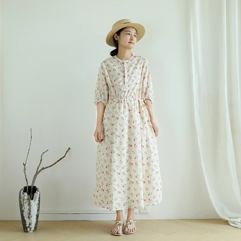 麻结独特漂亮裙子女2025夏季新款纯棉宽松圆领长裙减龄花花连衣裙