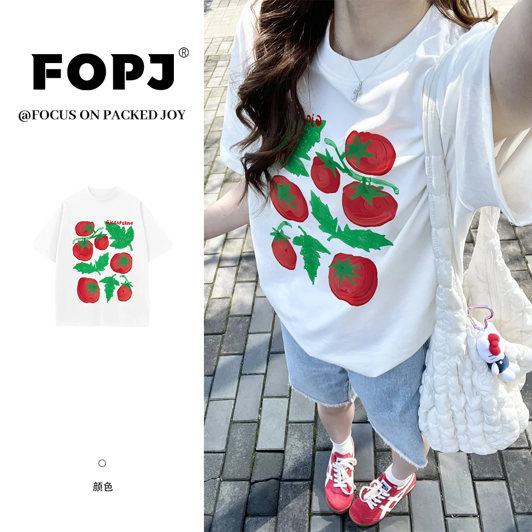 FOPJ美式纯棉西红柿印花短袖夏季新款设计感宽松小众显瘦半袖上衣