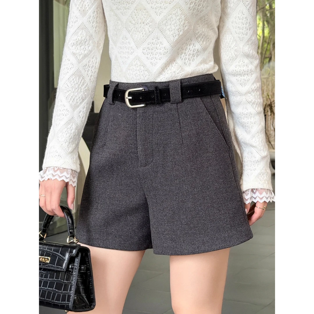 灰色毛呢短裤女外穿冬季小个子高腰宽松直筒阔腿显瘦裤子2025新款