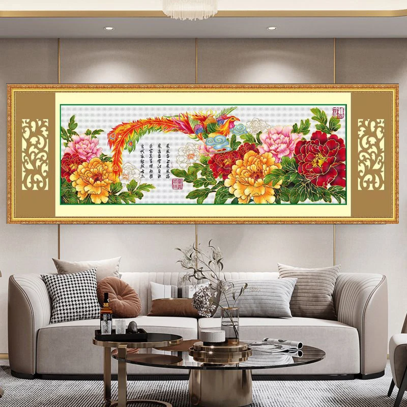 牡丹十字绣凤凰戏牡丹2025新款客厅线绣花开富贵大幅中式手工刺绣