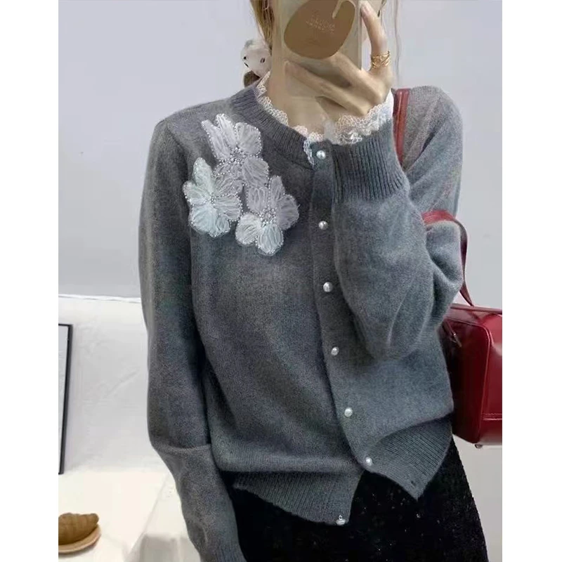 花边蝴蝶结法式甜美风蕾丝针织开衫女秋冬季温柔软糯洋气毛衣