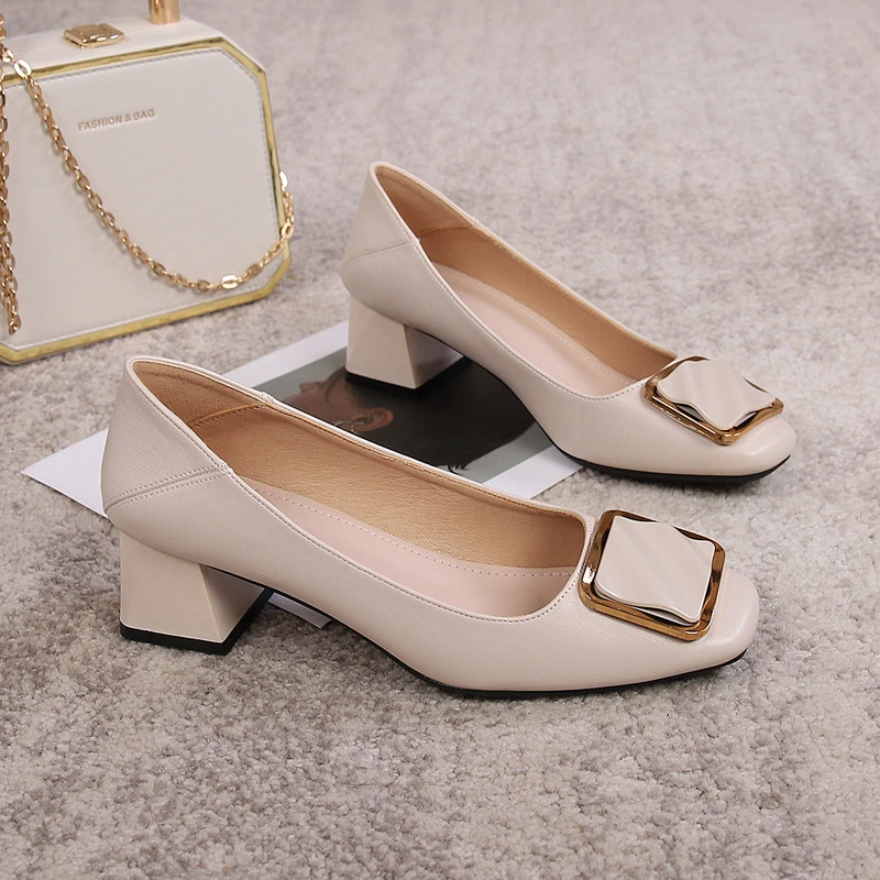 TLXT方头单鞋女中跟2025年春季新款配裙浅口软皮裸色法式粗跟高跟