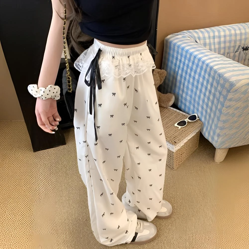 蕾丝拼接蝴蝶结碎花休闲裤女夏季新款韩系设计感高腰阔腿拖地长裤