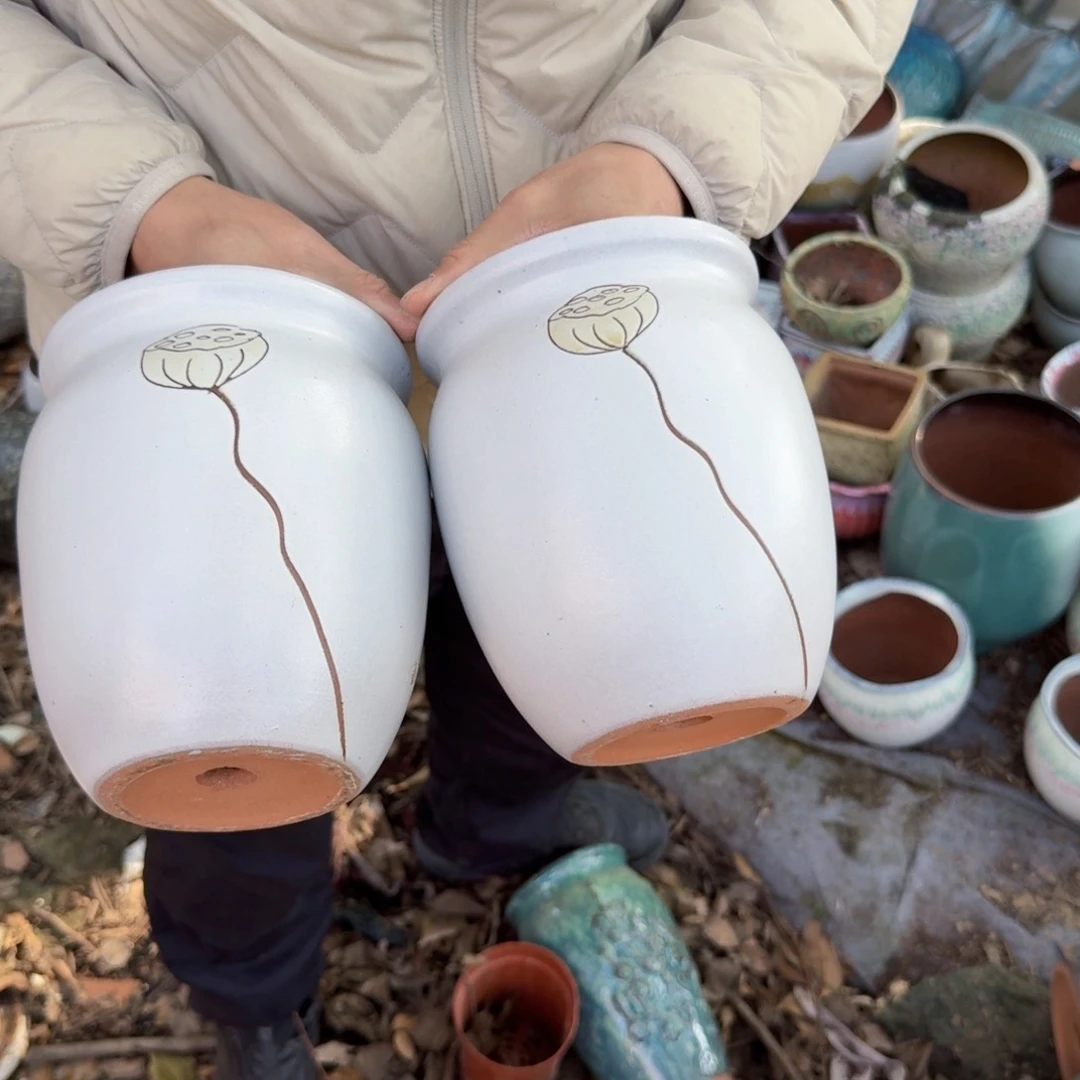 紫砂花盆瑕疵两个莲子白色