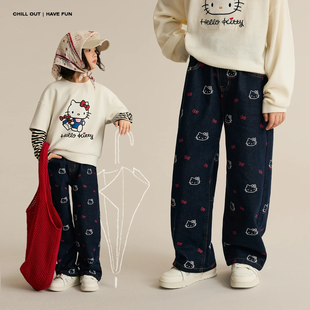 辰辰妈【甜心结】秋季女童满印撞色可爱牛仔裤儿童休闲阔腿裤8766DH