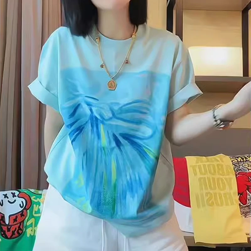 2025夏季新款女士蓝色短袖t恤衫宽松油画印花设计感欧货短款上衣