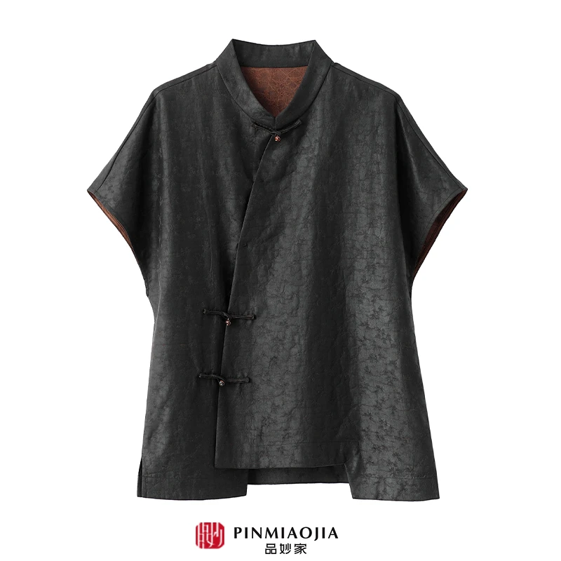 品妙家【墨韵龟纹】100%桑蚕丝香云纱短袖宽松气质高级女装中式斜襟