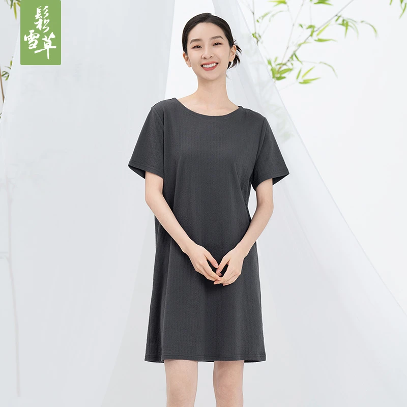 鬆雪草竖纹皱皱布H型女连衣裙2025春新款遮肉显瘦连衣裙女5065021