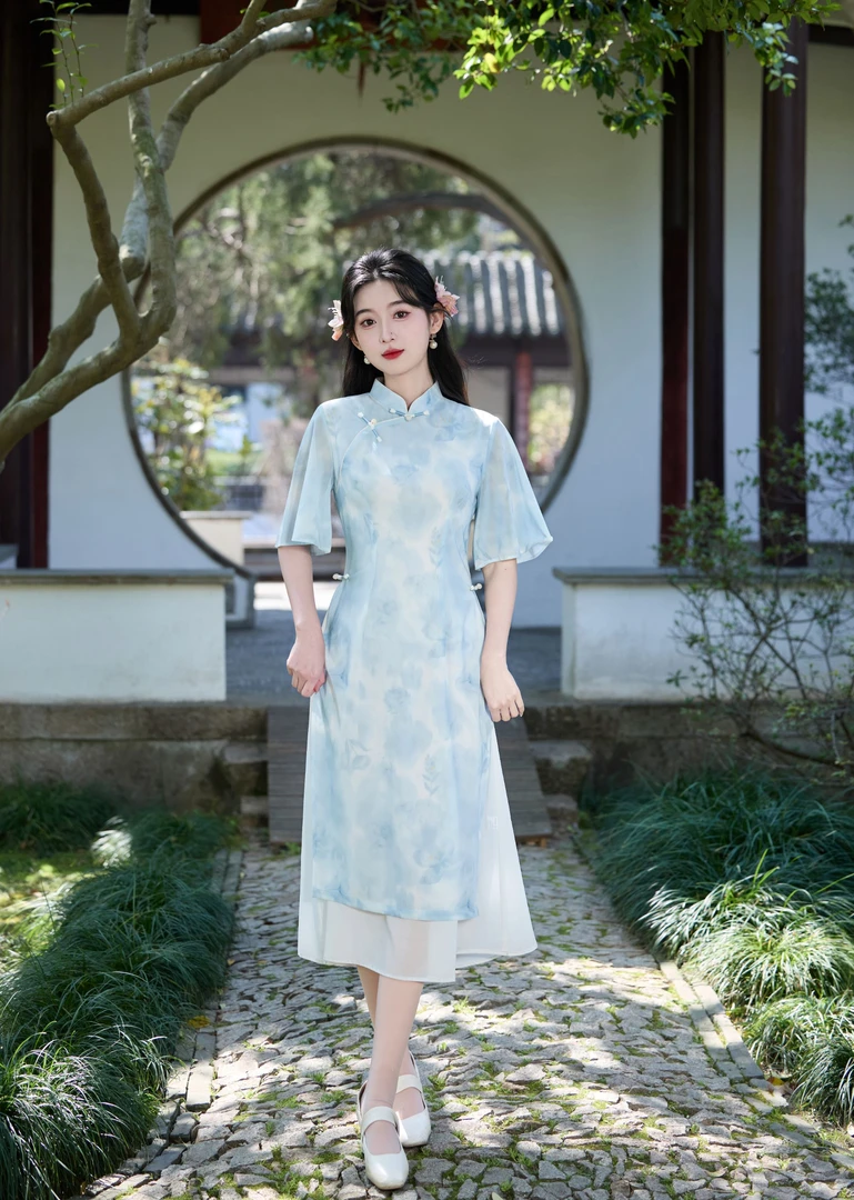 【清禾】衣长120新中式文艺复古奥黛日常旗袍优雅立领显瘦修身