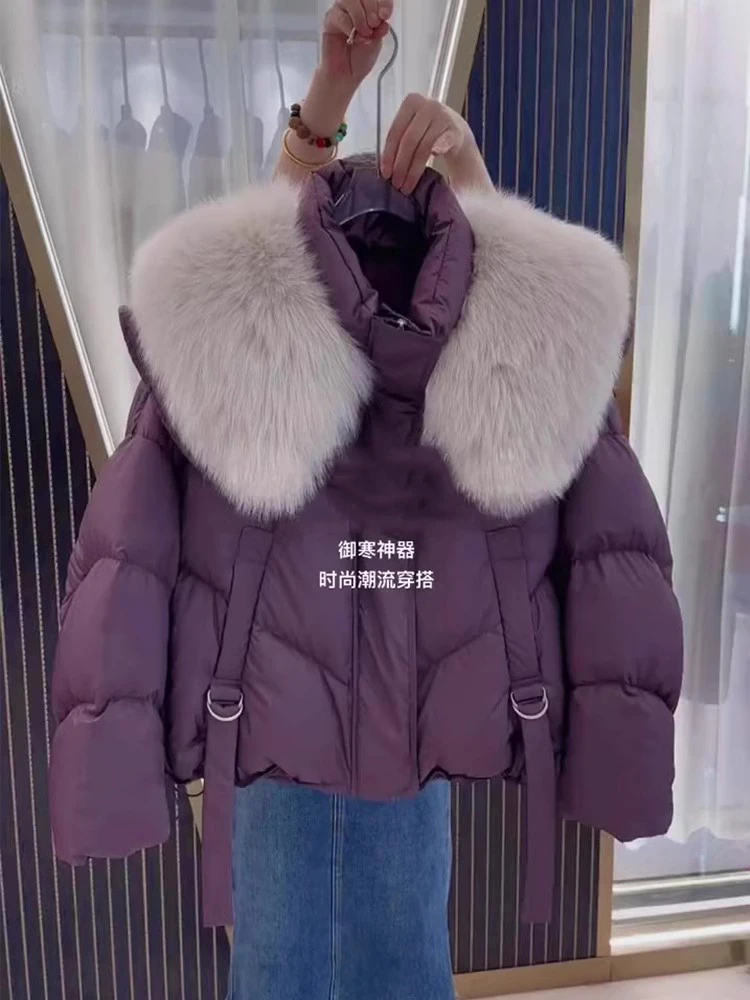 高级感超好看紫色大毛领保暖棉服冬季2025新款宽松夹棉厚款外套