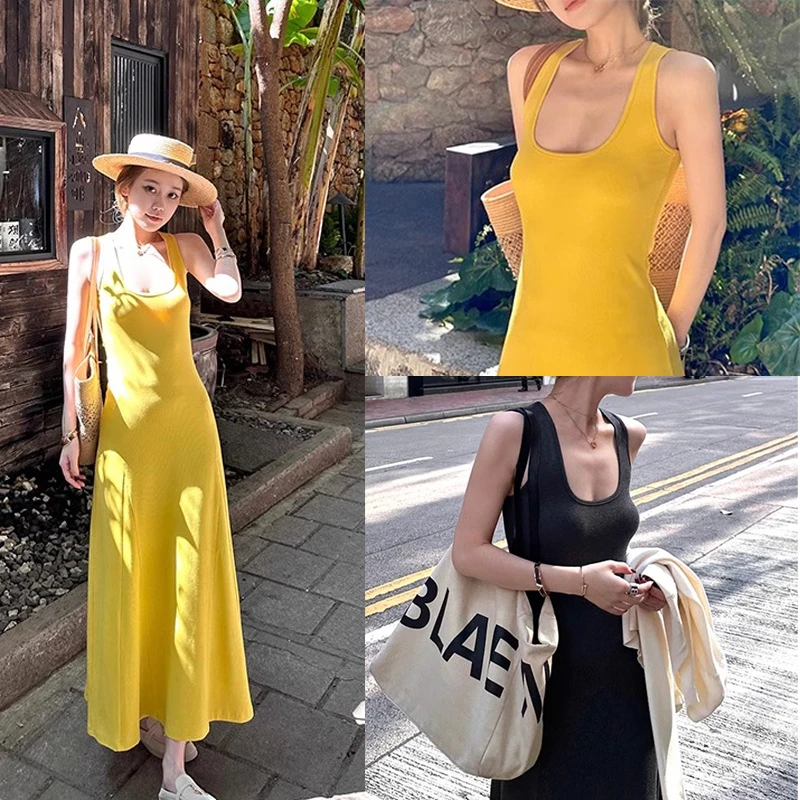 性感辣妹低胸背心连衣裙女夏季收腰显瘦内搭修身无袖吊带长裙子