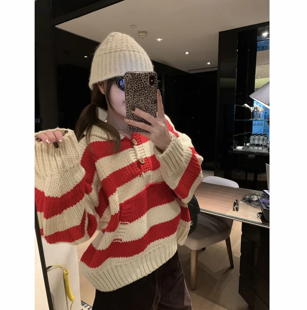 加厚版慵懒红色条纹翻领毛衣女秋季韩版枚红色宽松女针织衫D7402