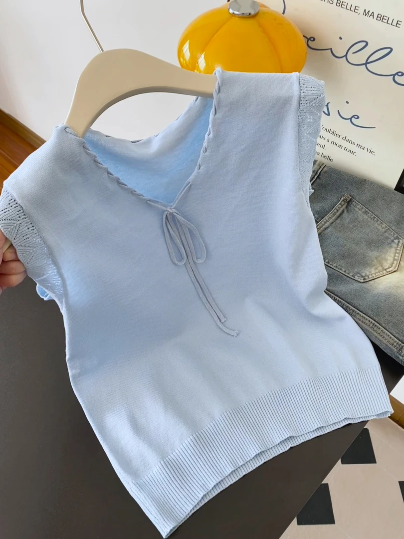 洋气欧货潮时髦气质小众不撞款上衣高级感蓝色系带针织t恤女夏季