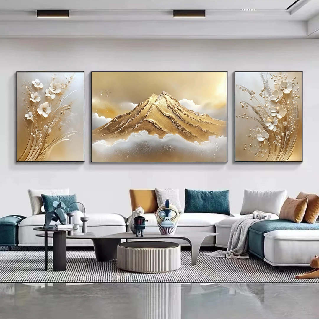 三联背景沙发墙画轻奢简约风格羽毛孔雀紫色大树东来客厅背景挂画