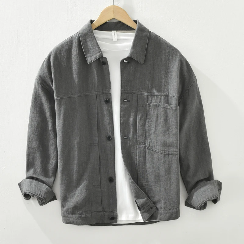 埃卢涅芬春夏季棉麻料长袖衬衫男装苎麻布上衣服复古休闲薄款亚麻