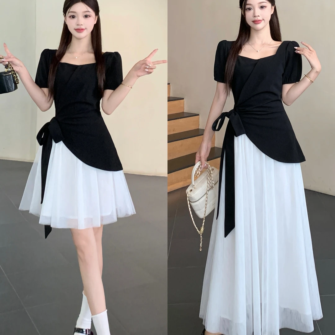 大码2025夏季撞色褶皱收腰显瘦设计感气质连衣裙蓬蓬裙小黑裙女