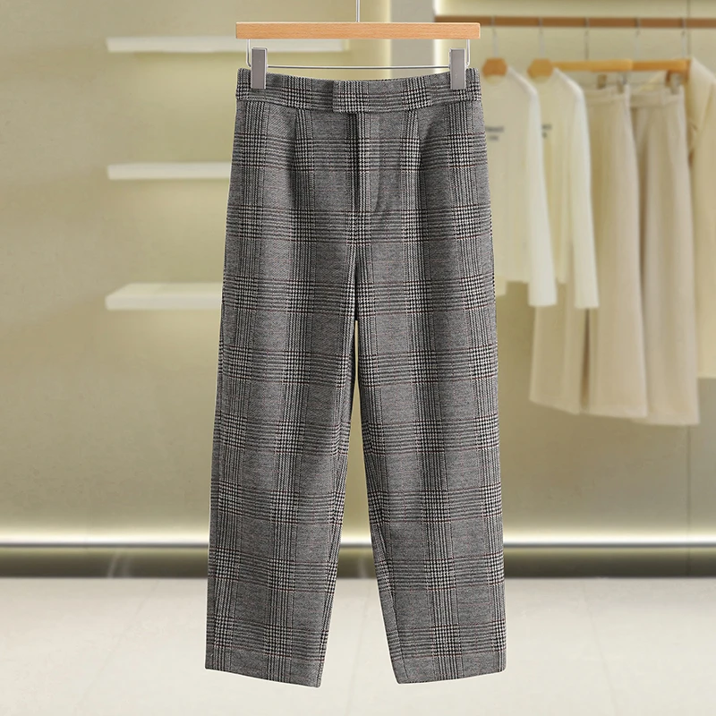 【伍莎-自营】减龄格子修身九分裤百搭休闲裤#RBD48K012