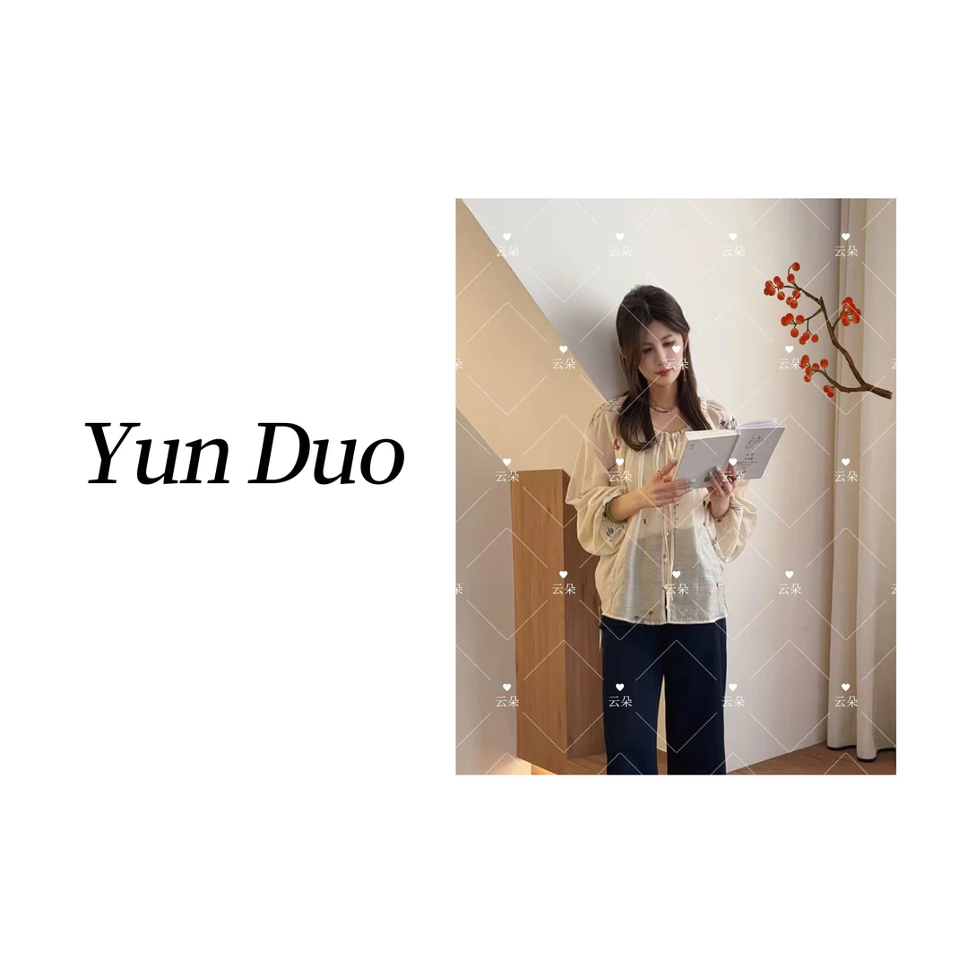 云朵定制【红豆】重工刺绣灯笼袖轻薄款系绳衬衫LB70