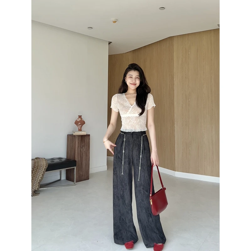 张阿星【盛夏物语】夏季透气凉爽垂坠扎染腰链设计感修身遮肉直筒裤