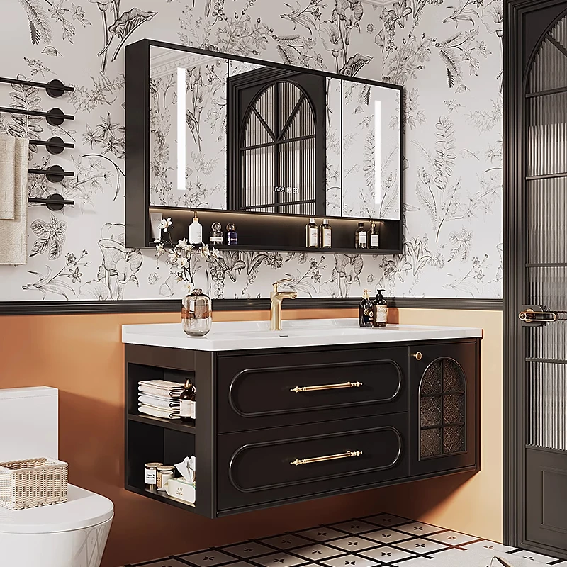 法式复古浴室柜组合卫生间橡木洗脸池洗手盆陶瓷一体盆轻奢洗漱台