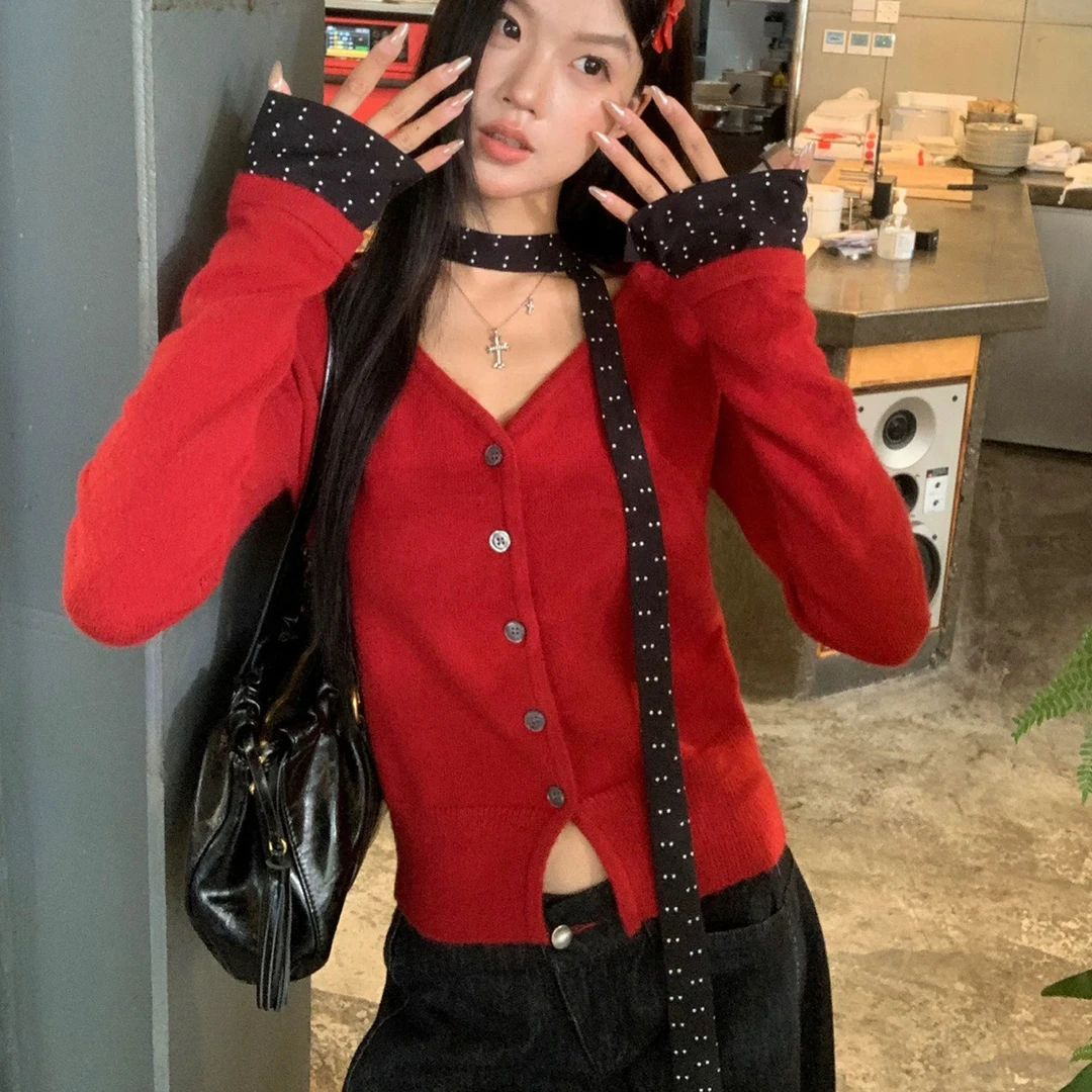 【刘噗噗】氛围感大美女！ 假两件v领拼接袖小波点+丝巾 LH