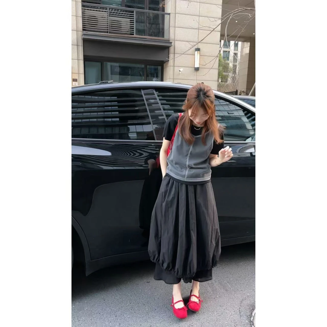 【清货款只出不进】设计感假两件纱层短袖T恤+双层花苞半身裙