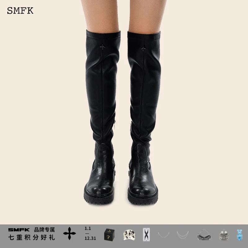 SMFK黑十字花高筒靴 S0018B 时尚百搭过膝长筒靴