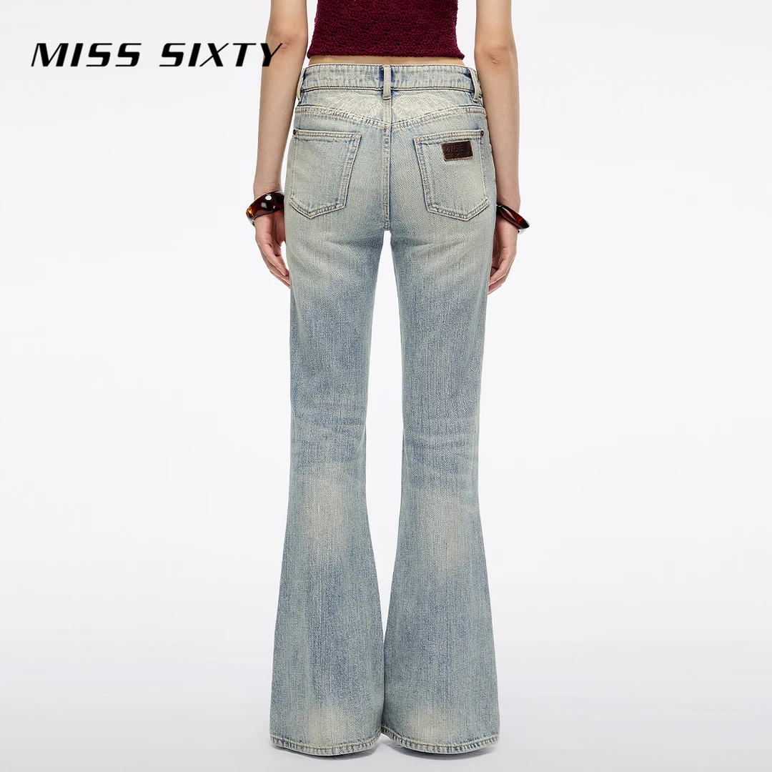Miss Sixty2025新款牛仔裤女天使刺绣中腰复古洗水微喇叭长裤