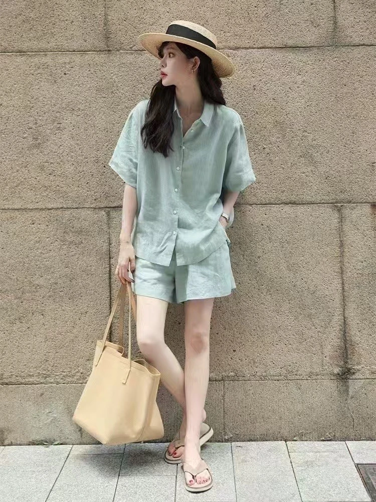 24045砂洗亚麻休闲慵懒风时尚套装短袖高腰短裤运动百搭时尚