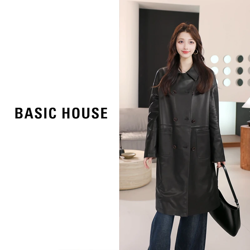 Basic House/百家好2025秋皮风衣长款外套女B1295B5J522(衣长95)