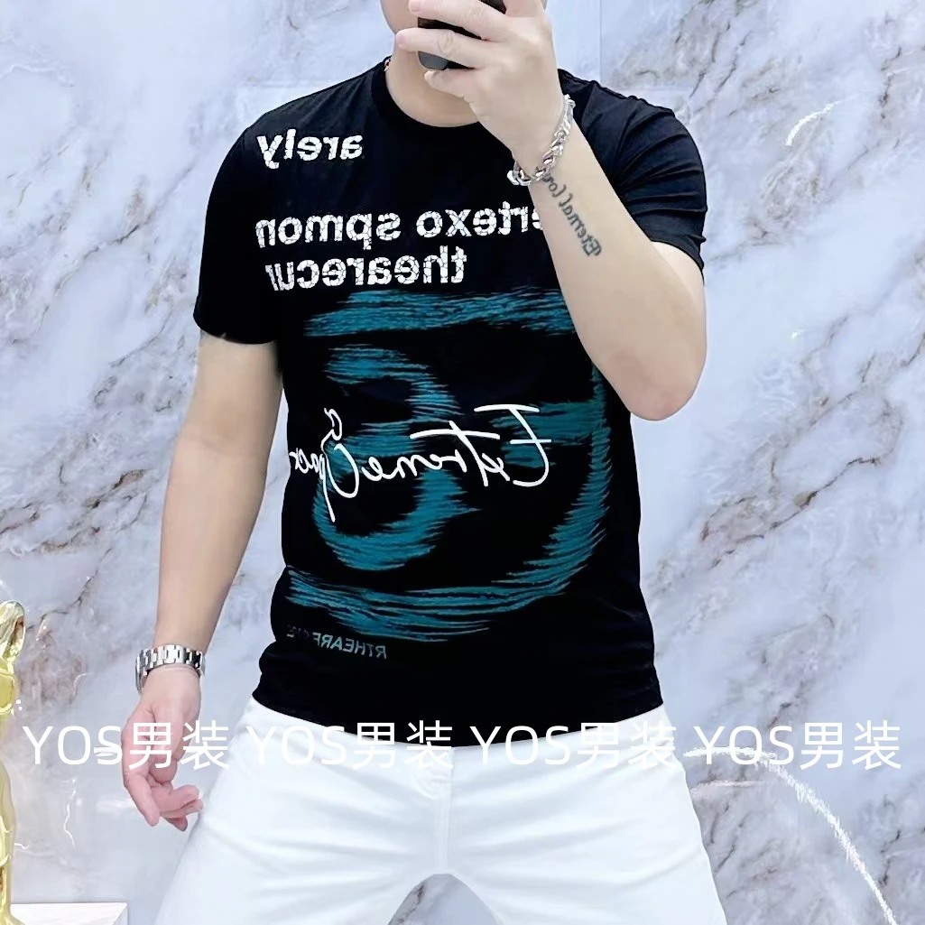 2025夏季新款男士短袖复古裂纹字母休闲时尚T恤2529