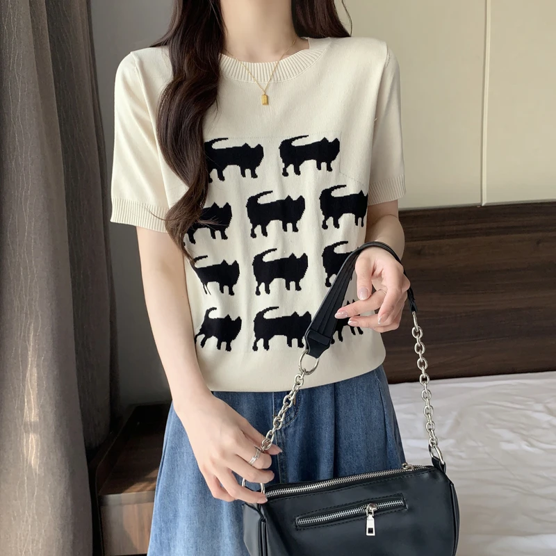 2421 大码女装夏季新款胖妹妹法式针织上衣胖mm显瘦冰丝宽松T恤