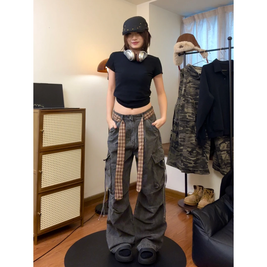 LyingFlat丨美式复古配格纹腰带工装裤女款多口袋褶皱宽松休闲裤
