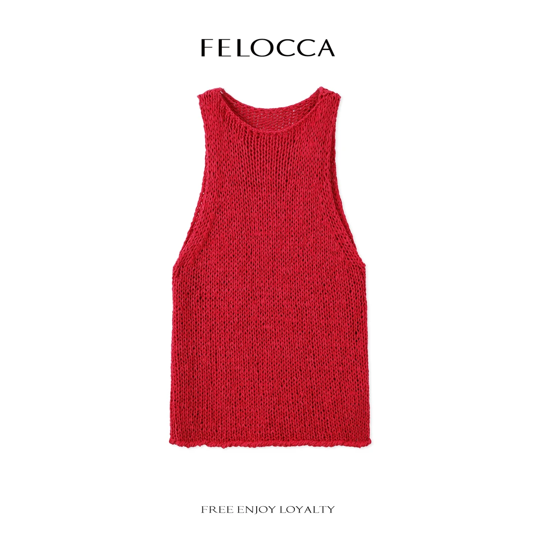 【FELOCCA】针织圆领红色甜辣背心无袖粗线上衣CC2639