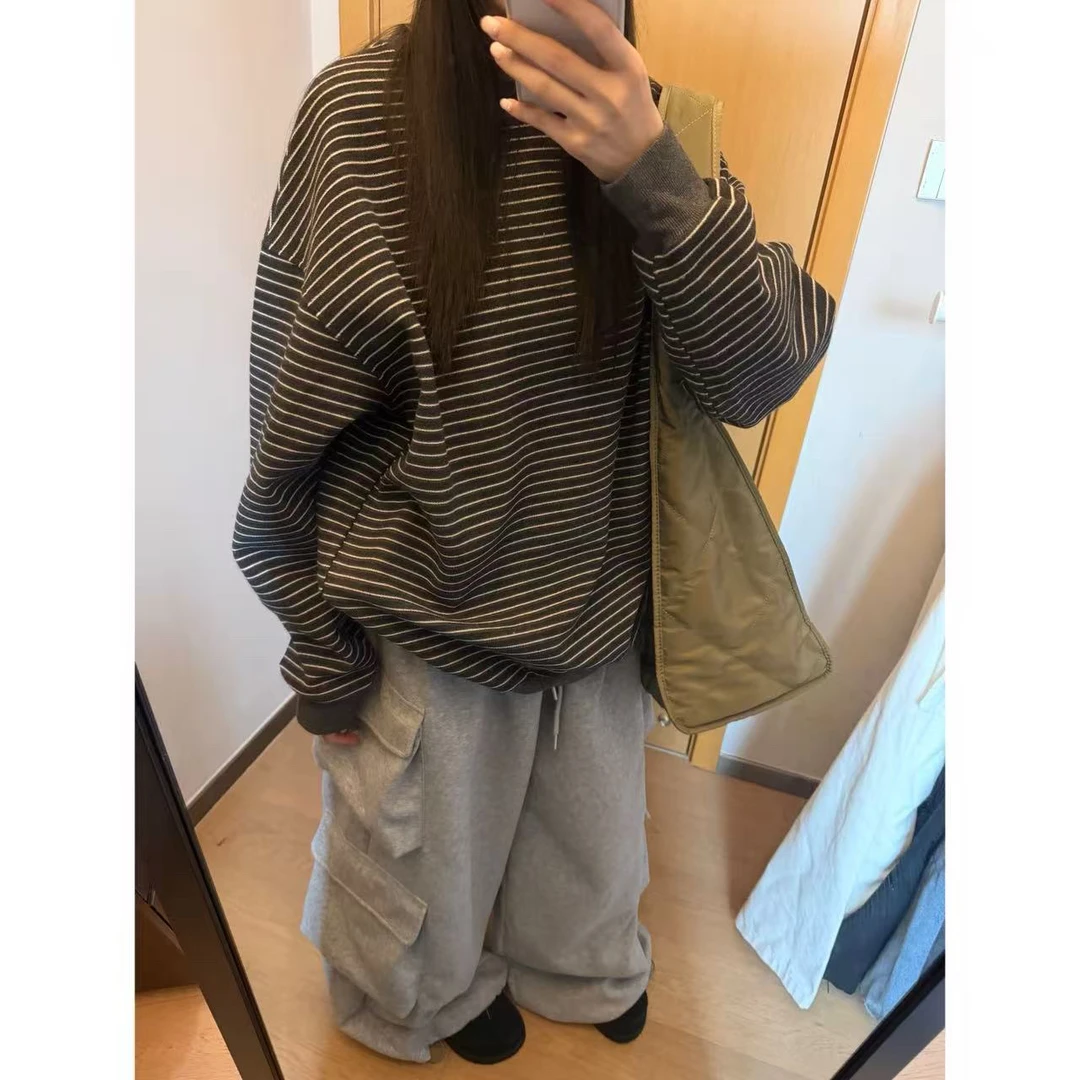 【陈碗饭】条纹套头秋季ins圆领女百搭宽松卫衣条纹201