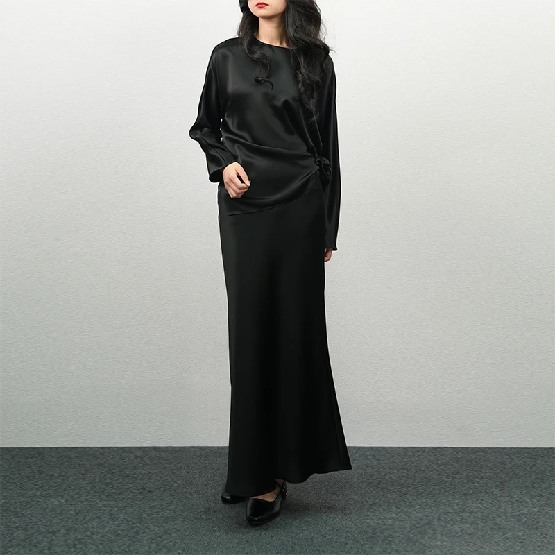 新款高级感职业通勤醋酸缎黑色上衣半裙两件套套装