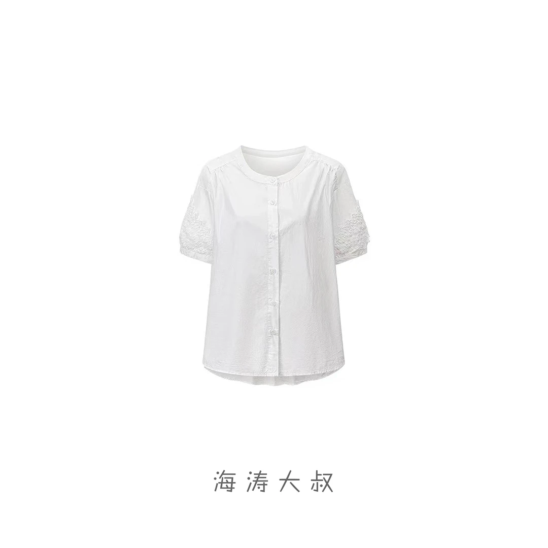 【海涛大叔】「素笺」100棉圆领蕾丝皱皱袖衬衫