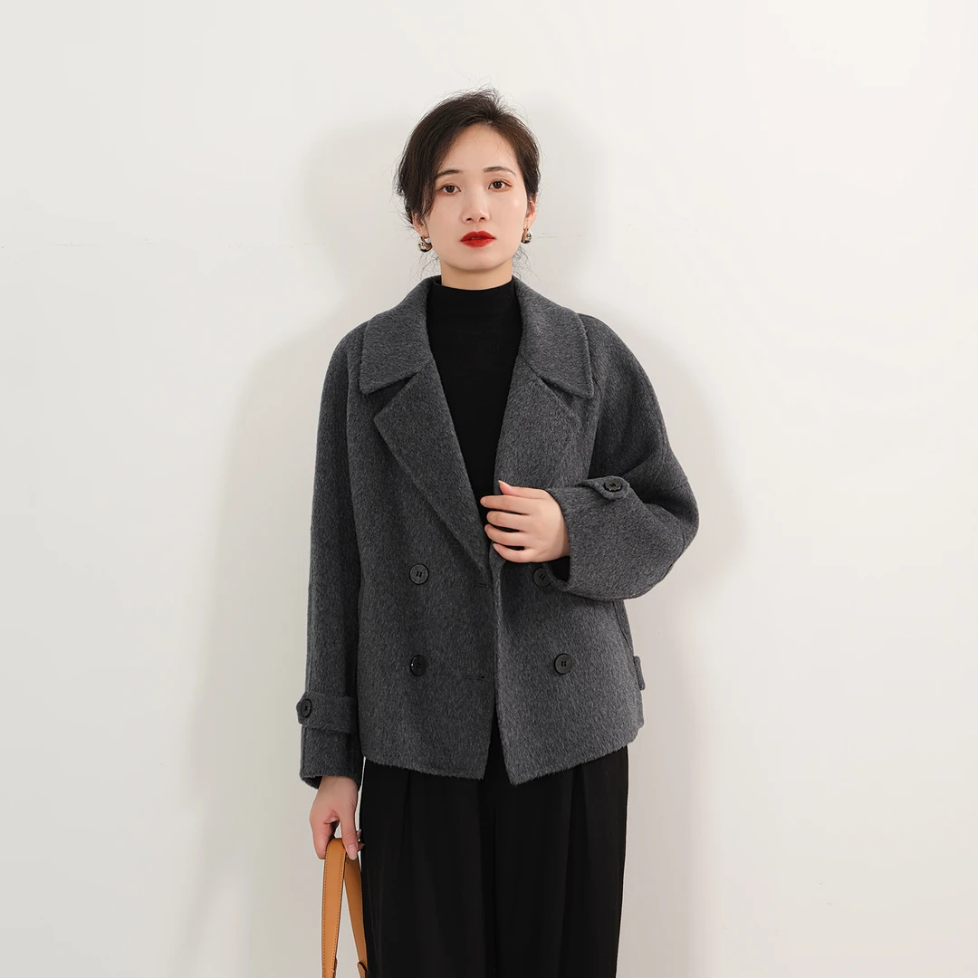 EKNR100%双面羊毛大衣女2025秋冬新款气质宽松西装领短款双面呢女