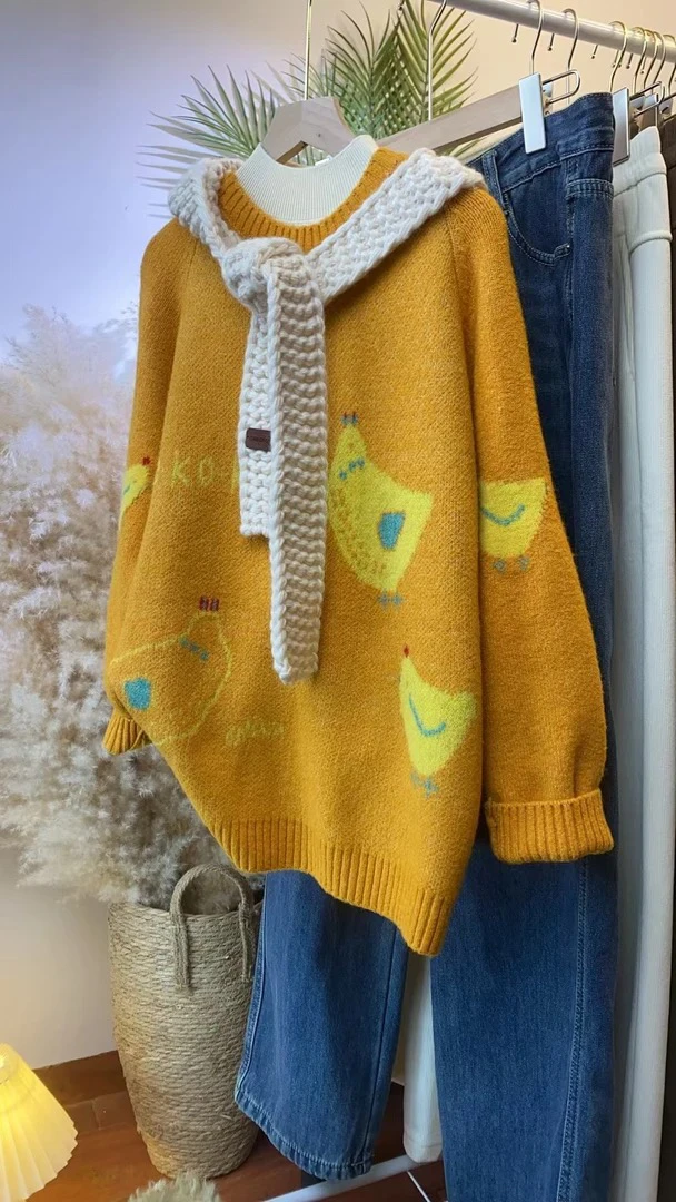 韩系复古软糯橘色毛衣女高级感慵懒风圆领加厚卡通针织上衣打底衫