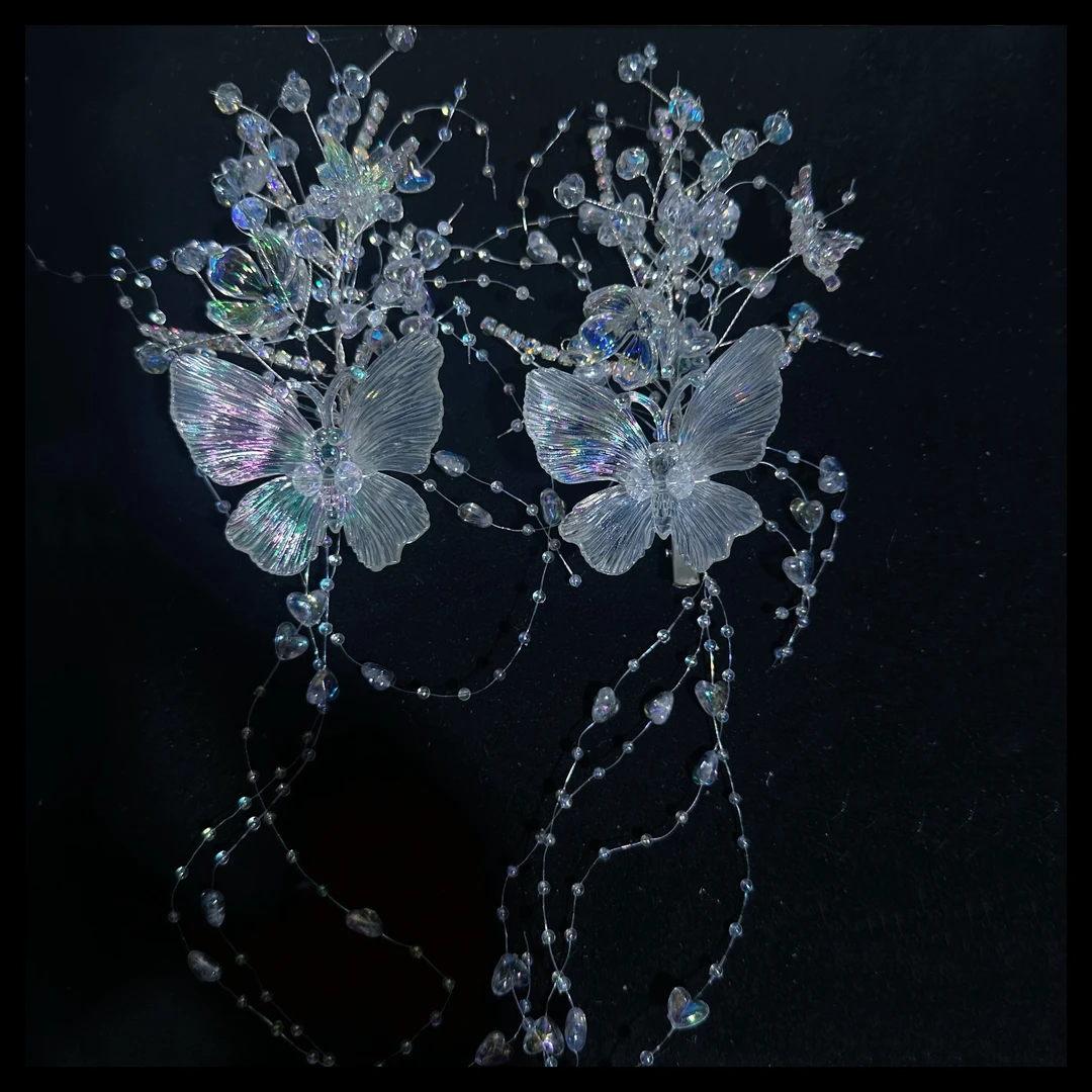 新娘发饰唯美婚纱礼服结婚头饰手工流苏对夹幻彩蝴蝶时尚侧边发夹