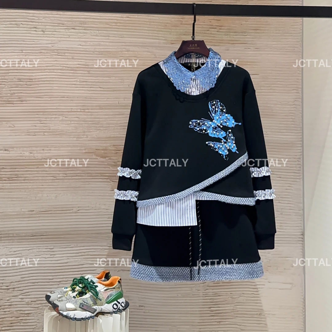 【宠粉价】（加绒）黑色蕾丝长袖百搭假两件设计师重工套装TZ-1046