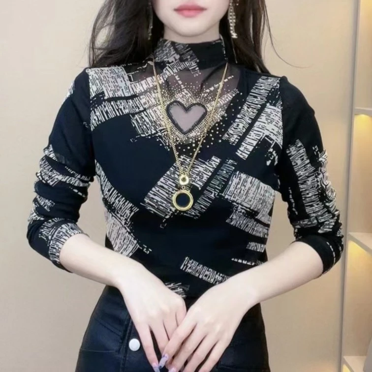 洋气减龄网纱印花打底衫女2025小衫印花T恤内搭镂空上衣