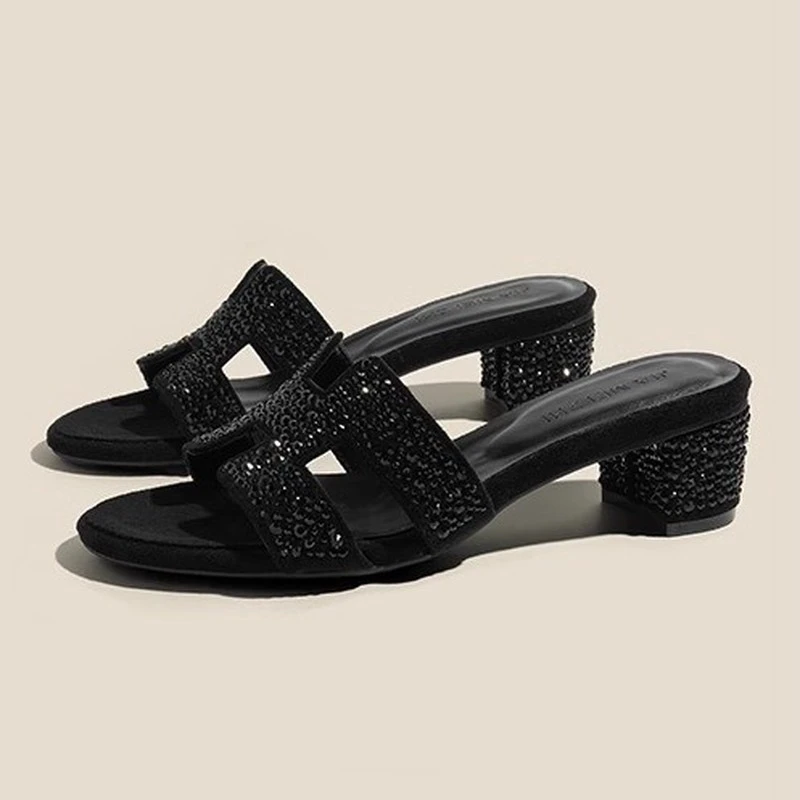 真皮版潮大砖满天星2025最新款百搭韩式h拖鞋女夏中跟外穿一字凉