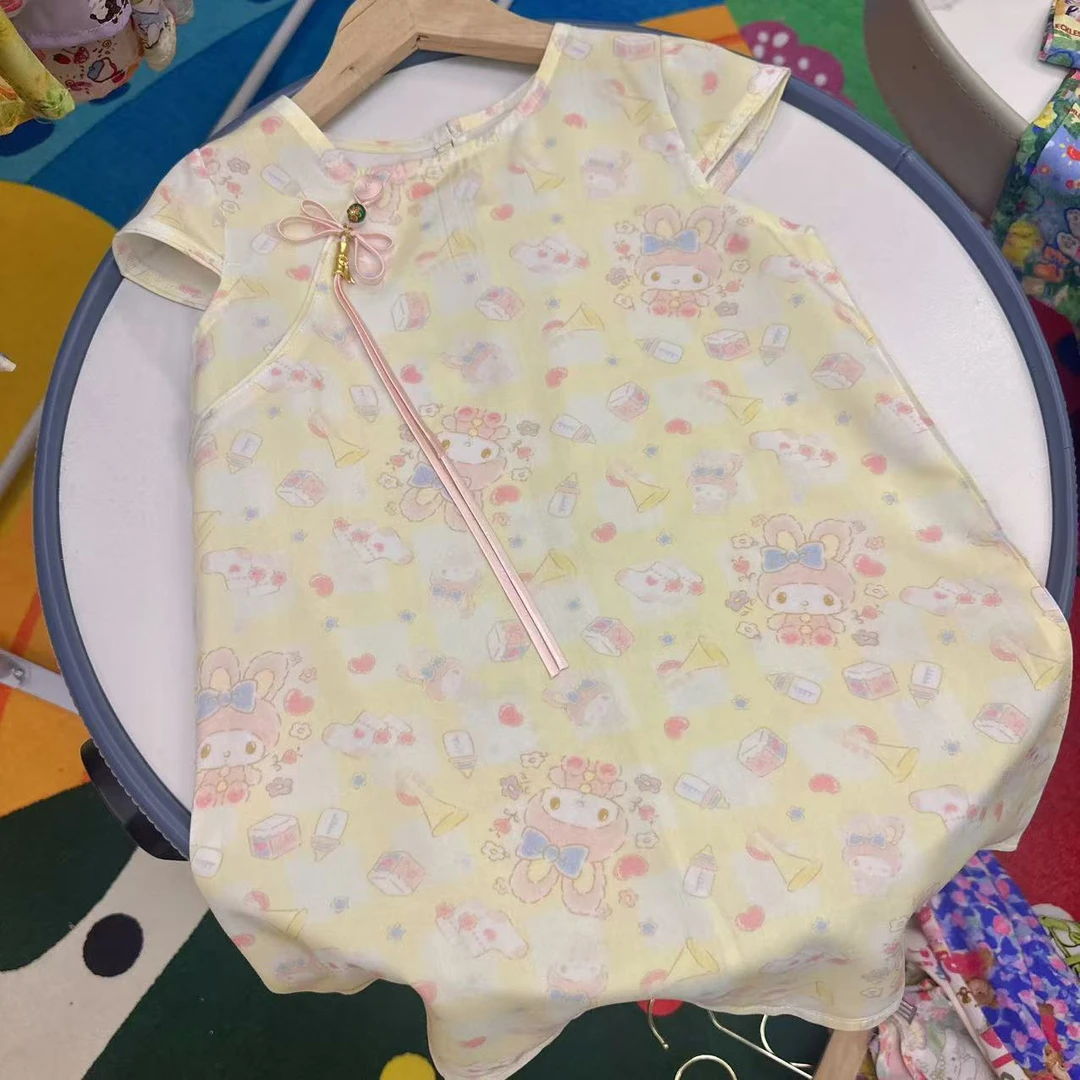 332米菲   国风棉绸旗袍2025夏季国风女童长款印新中式旗袍